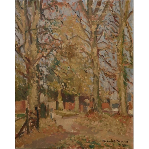 419 - REGINALD FRANK KNOWLES-DREWE, BRITISH, 1878 - 1972, OIL ON BOARD
Titled ‘Tree Lined Country Lane, 19... 