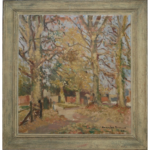 419 - REGINALD FRANK KNOWLES-DREWE, BRITISH, 1878 - 1972, OIL ON BOARD
Titled ‘Tree Lined Country Lane, 19... 