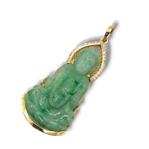 43 - A CHINESE 18CT GOLD, DIAMOND AND JADE PENDANT
Carved seated pose, edged with round cut diamonds, mar... 