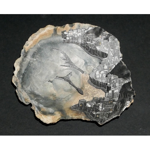 430 - ANNE DESMET, COLLAGE ON SEASHELL 
Titled ‘Coastline’, 2003, signed below, dated verso, framed and gl... 