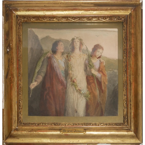 433 - IN THE MANNER OF EDWARD BURNE JONES, 1833 - 1898, WATERCOLOUR GROUP PORTRAIT
Three classical female ... 