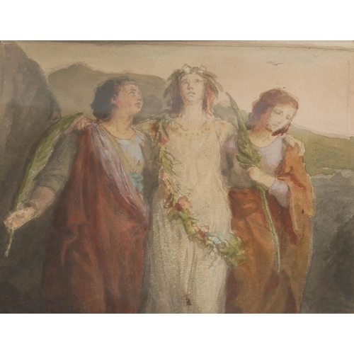 433 - IN THE MANNER OF EDWARD BURNE JONES, 1833 - 1898, WATERCOLOUR GROUP PORTRAIT
Three classical female ... 