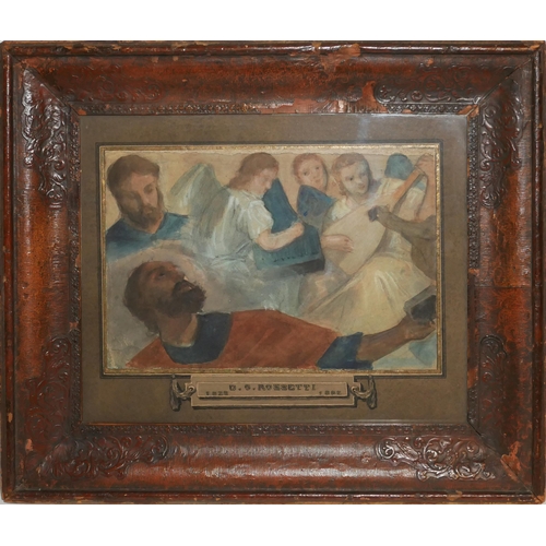 434 - IN THE MANNER OF DANTE GABRIEL ROSSETTI, 1828 - 1882, WATERCOLOUR GROUP PORTRAIT
Figures with musica... 