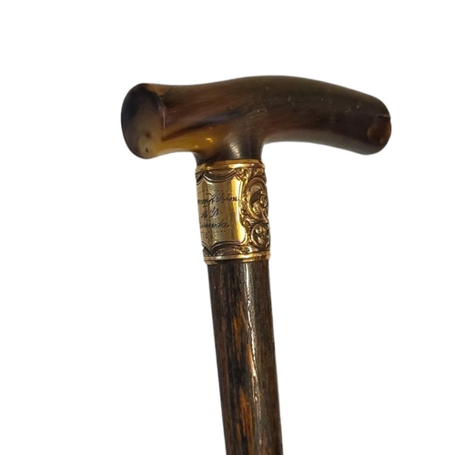 66 - SIR DUNCAN HILSTON M.D BERMUDA, A VICTORIAN HORN HANDLED WALKING CANE
Having an engraved yellow meta... 