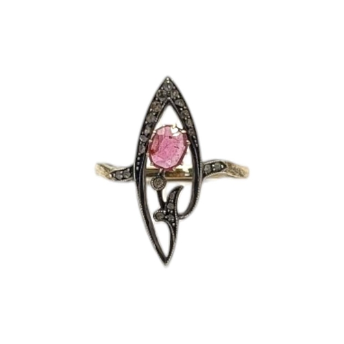 70 - AN EARLY 20TH CENTURY 14CT GOLD, RUBY AND DIAMOND RING
Set with an oval cut ruby edged with diamonds... 