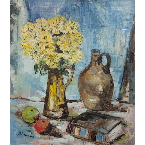 414A - A 20TH CENTURY CONTINENTAL OIL ON CANVAS, STILL LIFE, VASE OF FLOWERS WITH FLAGON 
Signed lower left... 