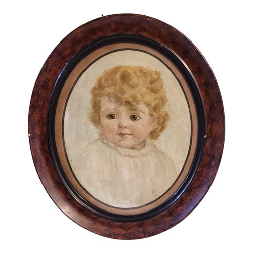 431A - A LATE 19TH CENTURY ENGLISH SCHOOL OVAL OIL ON BOARD, PORTRAIT STUDY OF A LITTLE GIRL WITH BLONDE CU... 