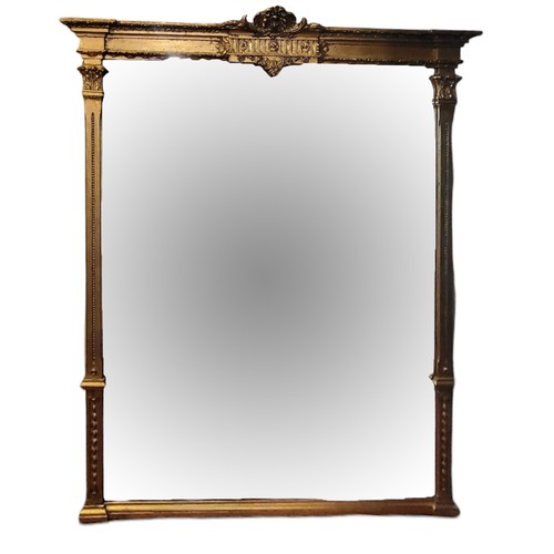 592 - A LARGE VICTORIAN DESIGN GILT FRAMED MIRROR
With fleur-de-lis crest flanked by columns.
(w 142cm x 1... 