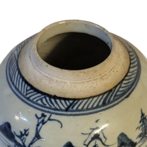 163 - A 19TH CENTURY QING DYNASTY BLUE AND WHITE GINGER JAR AND COVER 
With continuous landscape view, alo... 