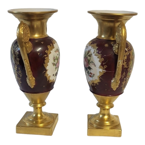 182 - A PAIR OF EARLY 20TH CENTURY EMPIRE STYLE PARIS PORCELAIN JEWELLED TWIN HANDLED PEDESTAL VASES
Each ... 