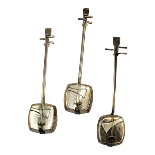 22 - A SET OF THREE VINTAGE JAPANESE SILVER NOVELTY SHAMISEN BOXES
MODELLED AS MUSICAL INSTRUMENTS 
With ... 