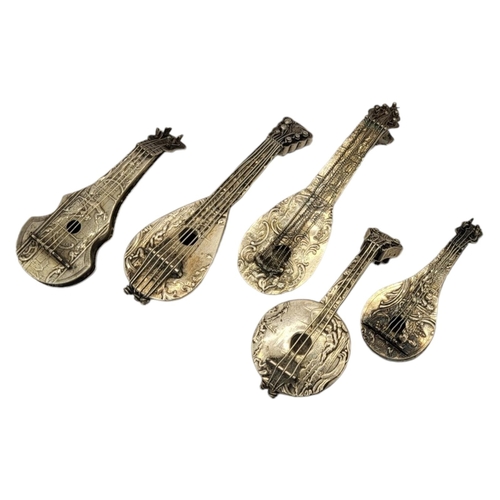 34 - A SET OF THREE 19TH CENTURY CONTINENTAL SILVER NOVELTY MINIATURE MODELS OF MANDOLINS 
All embossed w... 