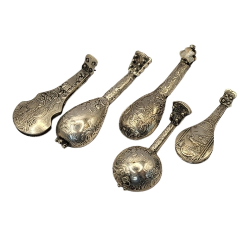 34 - A SET OF THREE 19TH CENTURY CONTINENTAL SILVER NOVELTY MINIATURE MODELS OF MANDOLINS 
All embossed w... 