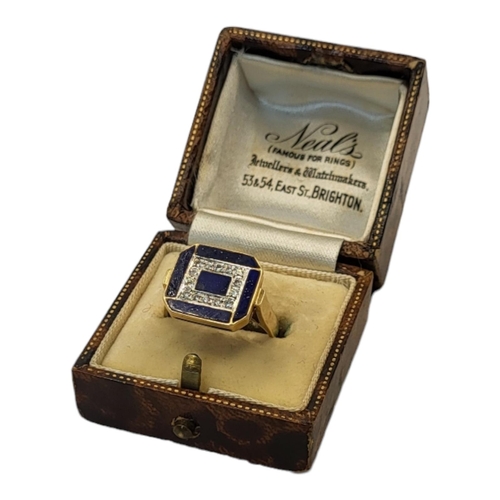 41 - A CONTINENTAL 14CT GOLD, DIAMOND AND LAPIS LAZULI RING
Having a row of round cut diamonds edged with... 