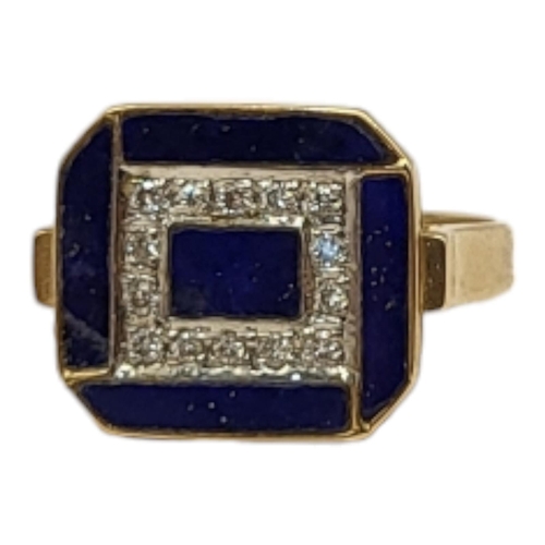 41 - A CONTINENTAL 14CT GOLD, DIAMOND AND LAPIS LAZULI RING
Having a row of round cut diamonds edged with... 