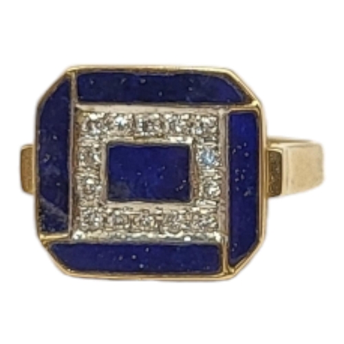 41 - A CONTINENTAL 14CT GOLD, DIAMOND AND LAPIS LAZULI RING
Having a row of round cut diamonds edged with... 