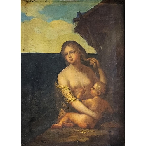 422 - AN 18TH CENTURY ITALIAN SCHOOL OIL ON PANEL, ‘MADONNA AND CHILD’. 
(41cm x 52cm frame, 23cm x 33.5cm... 