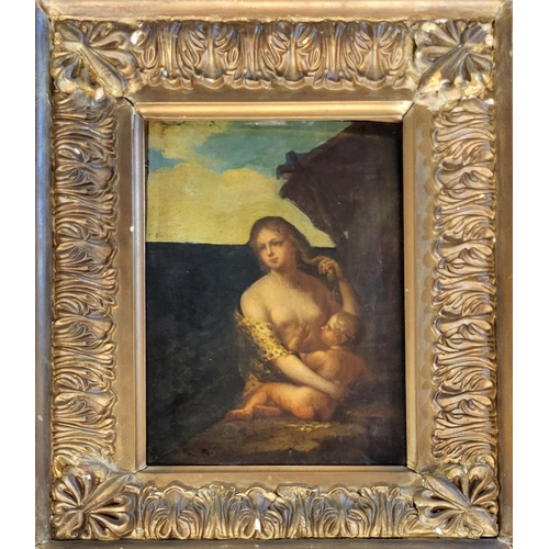 422 - AN 18TH CENTURY ITALIAN SCHOOL OIL ON PANEL, ‘MADONNA AND CHILD’. 
(41cm x 52cm frame, 23cm x 33.5cm... 