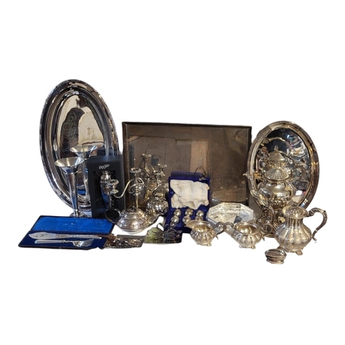 44 - A COLLECTION OF 20TH CENTURY SILVER PLATED WARE
Comprising a three piece tea service marked Birks Re... 