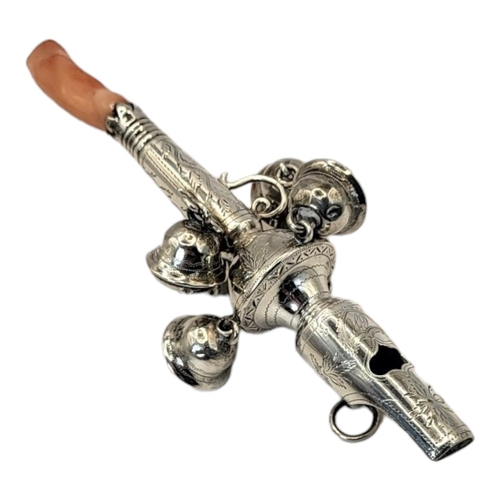 46 - A GEORGIAN  SILVER AND CORAL CHILD'S RATTLE
Having a whistle finial, six bells, engraved decoration ... 