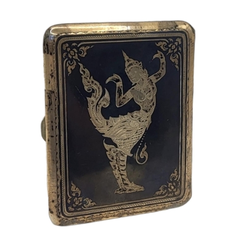 6 - AN ASIAN SILVER AND NIELLO ENAMEL CIGARETTE CASE
Having an engraved Balinese dancer on black enamel ... 