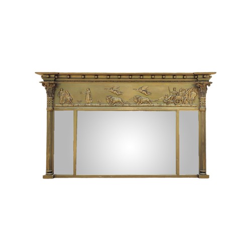 504 - A REGENCY GILT GESSO TRIPTYCH OVERMANTLE MIRROR
Rectangular form, with classical column supports,emb... 