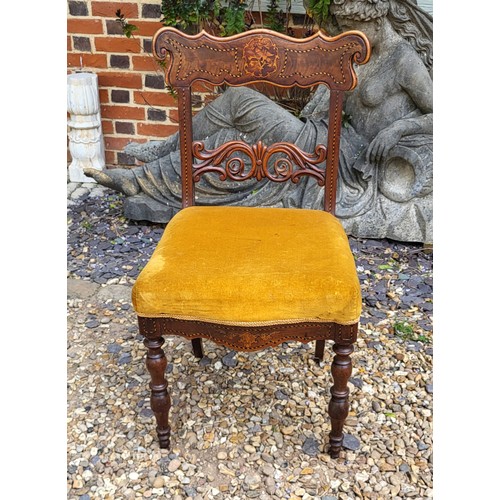 517 - A 19TH CENTURY DUTCH INLAID MARQUETRY STANDARD CHAIR, having a carved back support, with upholstered... 