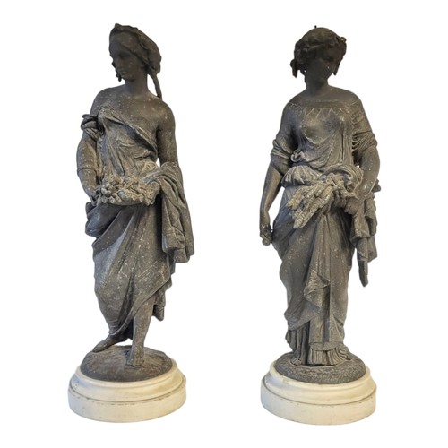 204 - A PAIR OF 19TH CENTURY CONTINENTAL SPELTER BRONZED PATINATED ALLEGORICAL FIGURES OF HARVEST MAIDENS,... 