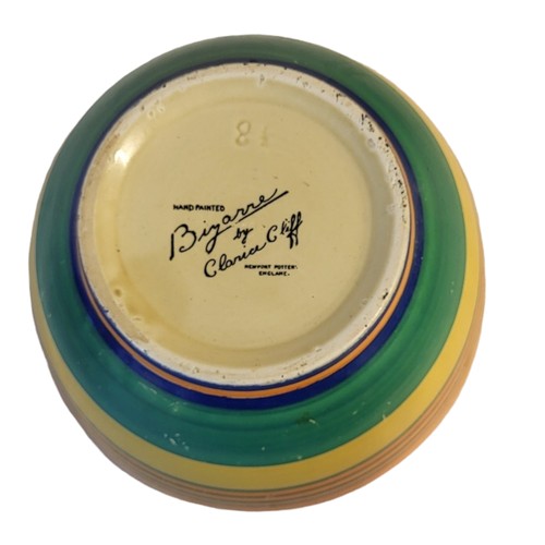 211 - CLARICE CLIFF OR NEWPORT POTTERY ART DECO BOWL OF CIRCULAR FORM
Exterior painted in coloured enamels... 