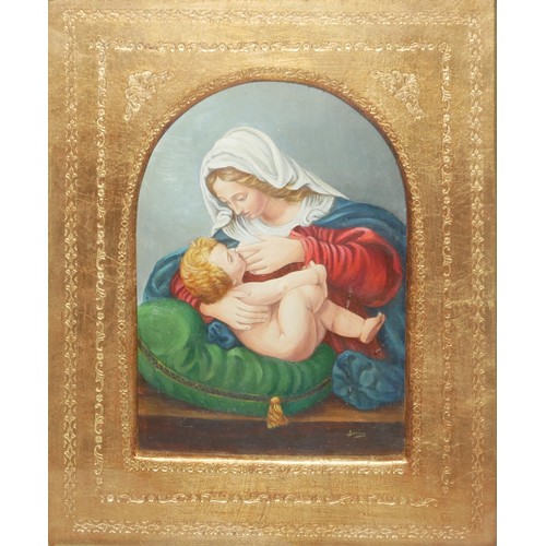 414 - AFTER ANDREA SOLARI, 1460 - 1524, A PAIR OF 20TH CENTURY OILS ON PANEL 
‘Madonna with the Green Cush... 