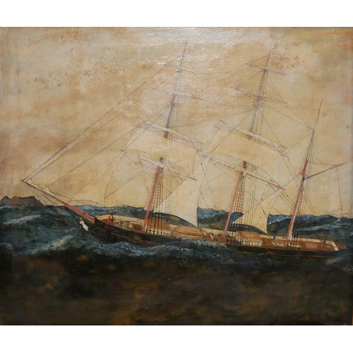 415 - A 19TH CENTURY BRITISH SCHOOL OIL ON BOARD, HALF RIGGED MERCHANT SHIP AT SEA
Gilt framed, unsigned.
... 