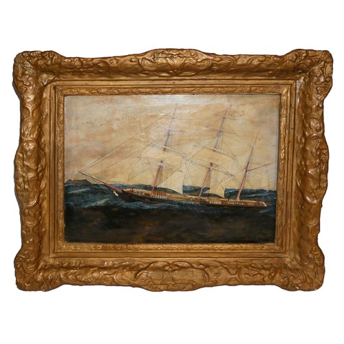 415 - A 19TH CENTURY BRITISH SCHOOL OIL ON BOARD, HALF RIGGED MERCHANT SHIP AT SEA
Gilt framed, unsigned.
... 