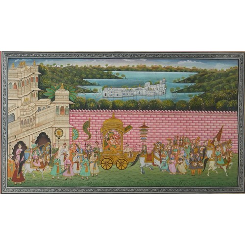 418 - TWO 20TH CENTURY INDIAN WATERCOLOUR ON SILK, LANDSCAPES
A procession featuring Ganesh with chariots,... 