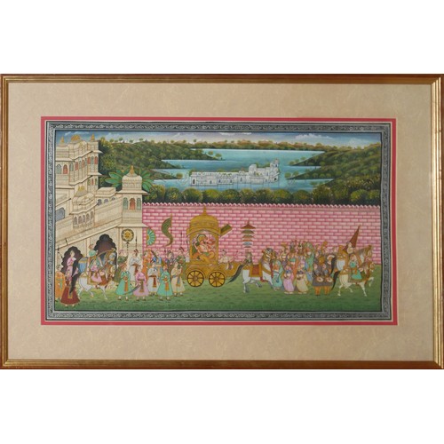 418 - TWO 20TH CENTURY INDIAN WATERCOLOUR ON SILK, LANDSCAPES
A procession featuring Ganesh with chariots,... 