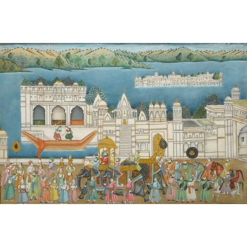 418 - TWO 20TH CENTURY INDIAN WATERCOLOUR ON SILK, LANDSCAPES
A procession featuring Ganesh with chariots,... 