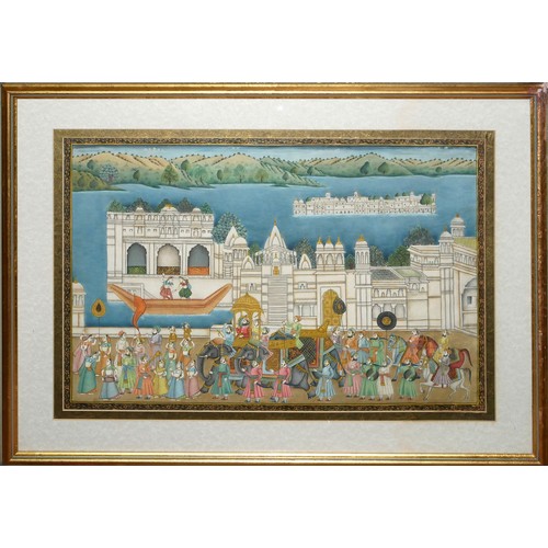 418 - TWO 20TH CENTURY INDIAN WATERCOLOUR ON SILK, LANDSCAPES
A procession featuring Ganesh with chariots,... 