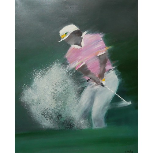 419 - VICTOR SPAHN, OIL ON CANVAS, GOLFING PORTRAIT
Figure captured mid-swing wearing white baseball cap a... 