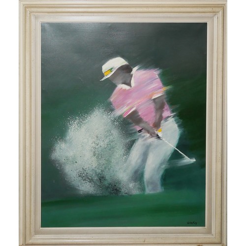 419 - VICTOR SPAHN, OIL ON CANVAS, GOLFING PORTRAIT
Figure captured mid-swing wearing white baseball cap a... 