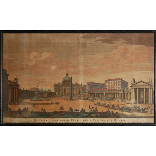 436 - AN 18TH CENTURY HAND COLOURED ENGRAVING OF THE VATICAN, ROME
Titled 'T Heerlijk Gezigt Van de Plaats... 