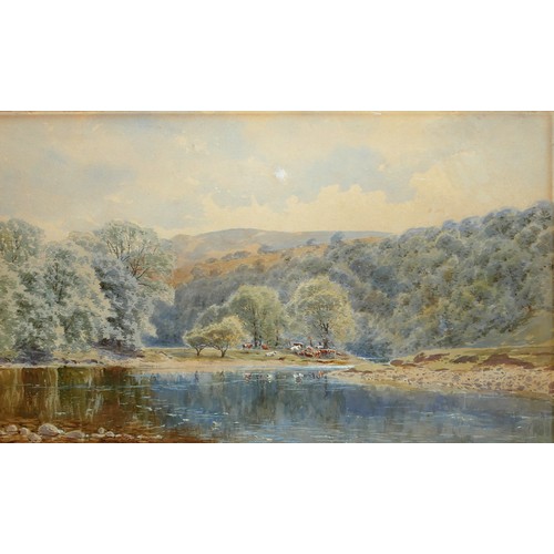 439 - ROBERT MOXON COOK, 1844 - 1928, WATERCOLOUR 
Landscape, river view with cattle, signed lower left, d... 