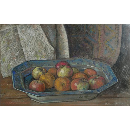 442 - ADRIAN HALL (XX), A 20TH CENTURY ENGLISH SCHOOL PASTEL 
Still life, apples and oranges in a bowl, si... 