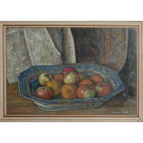 442 - ADRIAN HALL (XX), A 20TH CENTURY ENGLISH SCHOOL PASTEL 
Still life, apples and oranges in a bowl, si... 