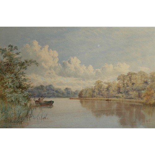 443 - CHARLES HARMONY HARRISON, BRITISH, 1842 - 1902, WATERCOLOUR ON PAPER
River landscape, fishermen in t... 