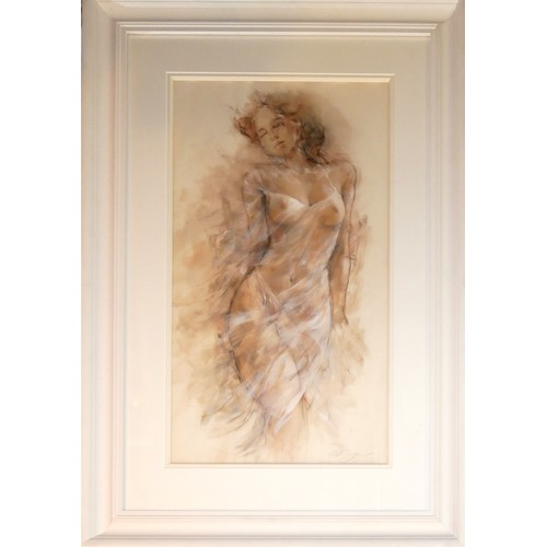 444 - GARY BENFIELD, A 20TH CENTURY MIXED MEDIA FEMALE STUDY
Full length portrait, wearing fine see throug... 