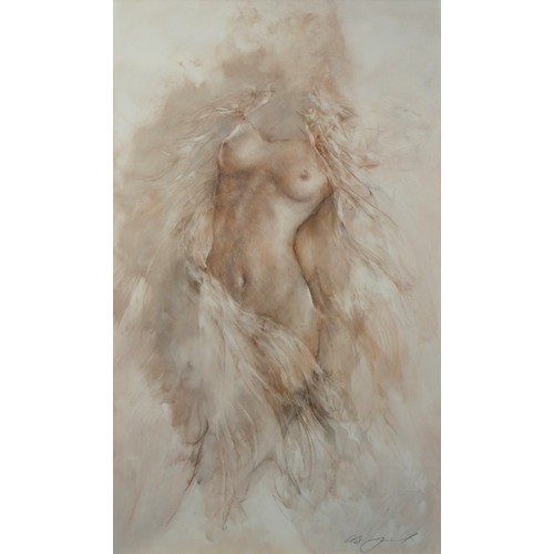 445 - GARY BENFIELD, A 20TH CENTURY MIXED MEDIA FEMALE STUDY
Torso portrait, wearing fine robes, signed in... 