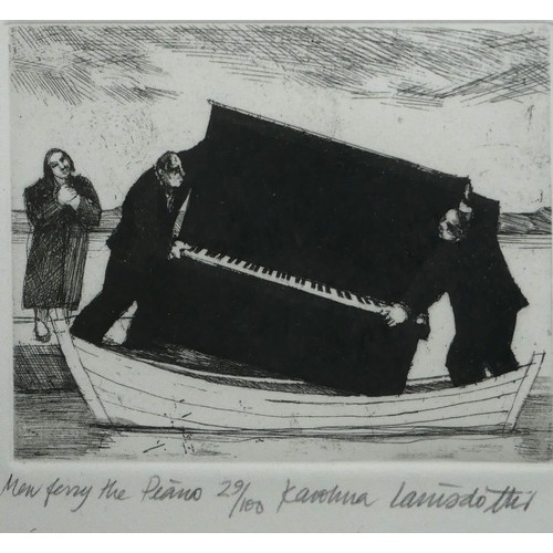 461 - KAROLINA LARUSDOTTIR, ICELANDIC, 1944 - 2019, ETCHING
Titled ‘Men Ferry the Piano’, signed, numbered... 