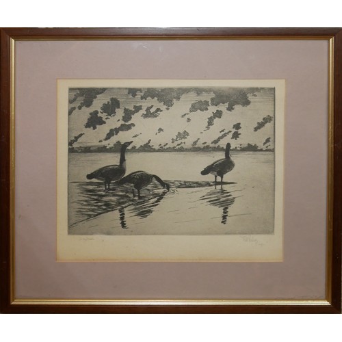 469 - RICHARD E BISHOP, BN 1887, A BLACK AND WHITE ETCHING 
Titled ‘Daybreak’, three Canada geese near a r... 