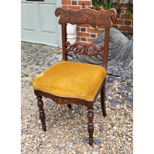 517 - A 19TH CENTURY DUTCH INLAID MARQUETRY STANDARD CHAIR, having a carved back support, with upholstered... 