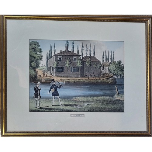 420 - A 19TH CENTURY 'FLY FISHING' HAND COLOURED ENGRAVING
Two gent’s wearing period attire near a river, ... 