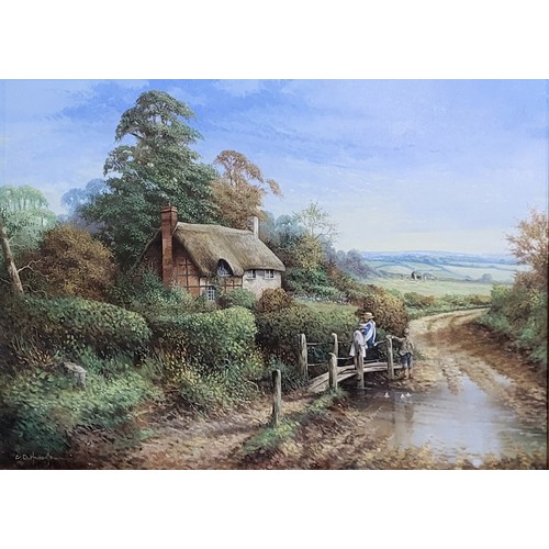 471 - CHRIS D. HOWELLS, A CONTEMPORARY OIL ON CANVAS 
Landscape, thatched cottage with children wearing pe... 